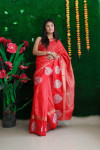 Red color soft linen silk saree with zari work