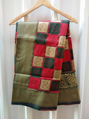 Green and red color soft banarasi silk saree