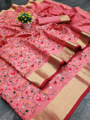 Pink color assam silk saree with embroidered jal work