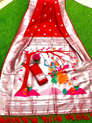 Red color paithani silk saree with silver zari work