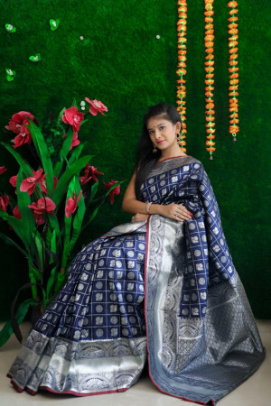 Navy blue color lichi silk weaving saree with zari work