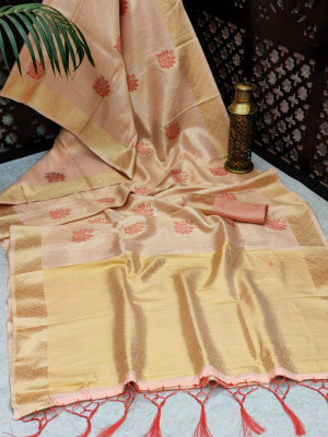 Peach color soft tissue linen silk saree with zari woven butti