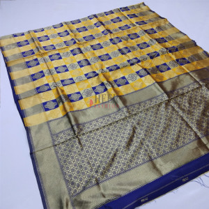 Blue and yellow color soft banarasi silk saree