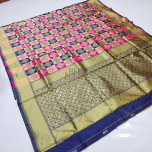 Blue and pink color soft banarasi silk saree