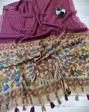 Pink color soft linen saree with traditional print work