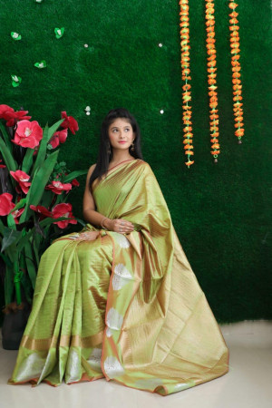 Mehndi green color soft linen silk saree with zari work