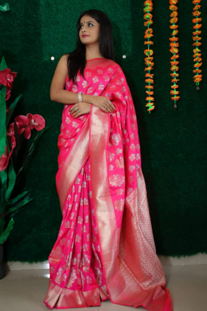 Pink color kanchipuram silk handloom saree with zari work