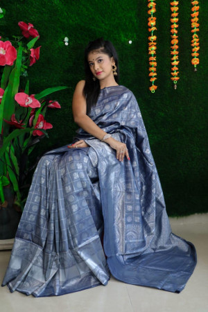 Gray color lichi silk weaving saree with zari work