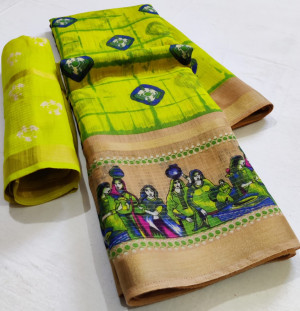 Yellow color soft linen saree with digital printed