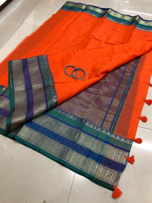Orange color soft kota cotton saree with jacquard border