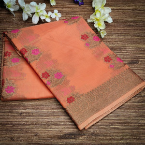 Peach color linen cotton saree with zari weaving border