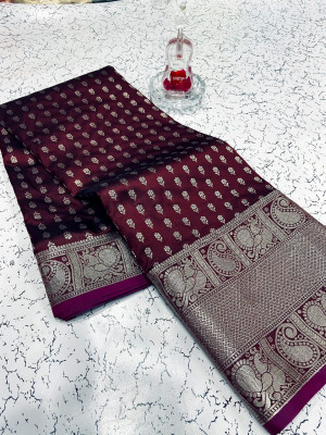 Maroon color banarasi silk saree with silver zari work