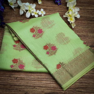 Green color linen cotton saree with zari weaving border