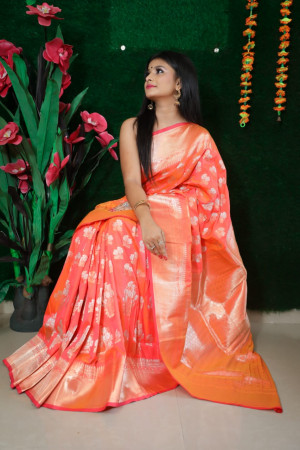 Orange color kanchipuram silk handloom saree with zari work