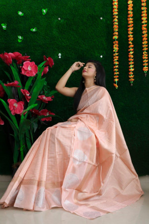 Peach color soft linen silk saree  with zari work