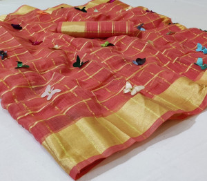 Peach color soft doriya saree with multi butterfly