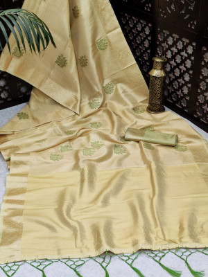 Yellow color soft tissue linen silk saree with zari woven butti