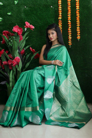 Green color soft linen silk saree  with zari work