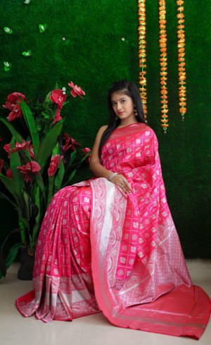 Pink color lichi silk weaving saree with zari work
