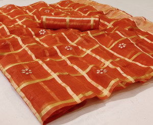Orange color soft doriya cotton saree with zari weaving checks