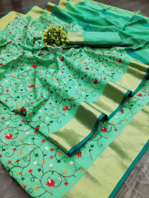 Sea green color assam silk saree with embroidered jal work
