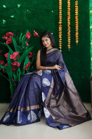 Navy blue color soft linen silk saree with zari work