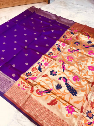 Purple color paithani silk saree with weaving rich pallu