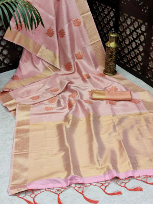 Pink color soft tissue linen silk saree with zari woven butti