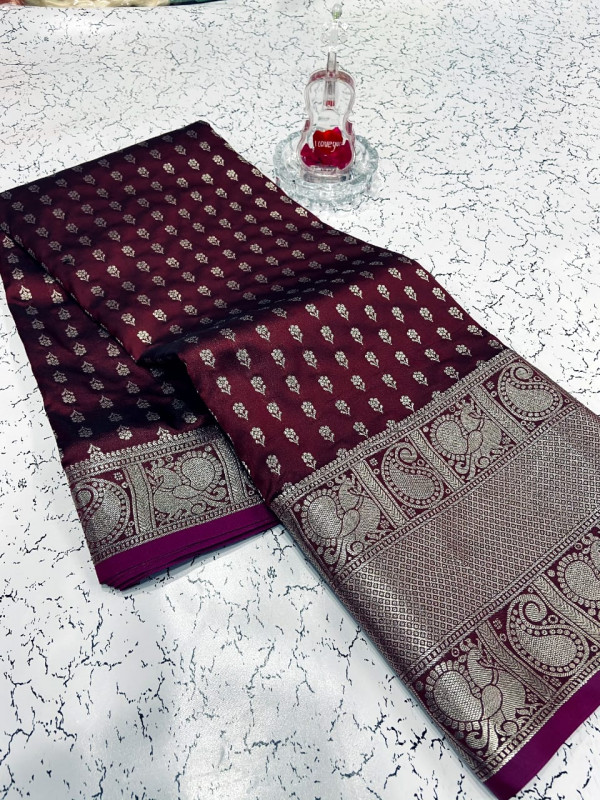 Banarasee Organza Mix Saree With Silver Zari Buta & Border-Maroon