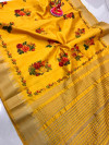 Yellow color soft assam silk saree with printed work