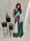 Green color soft bandhani  silk saree with khadi printed work