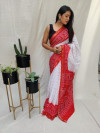 Red color soft bandhani silk saree with khadi printed work
