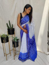 Blue color soft bandhani silk saree with khadi printed work