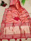 Peach color patola silk saree with zari woven work