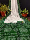 Green color soft bandhani silk saree with khadi printed work