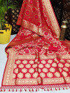 Red color bandhani saree with zari weaving work