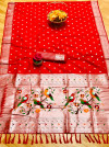 Red color soft paithani silk saree with silver zari woven work