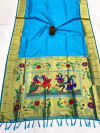 Firoji color soft banarasi silk saree with gold zari weaving work.