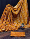 Yellow color soft bandhani silk saree with khadi printed work