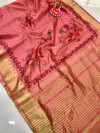 Peach color soft assam silk saree with printed work