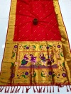 Red color soft banarasi silk saree with zari weaving work.