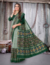 Dark green color soft pashmina foil printed silk saree