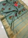 Green color soft assam silk saree with printed work