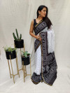 Black color soft bandhani silk saree with khadi printed work