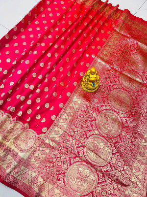 Rani pink color soft banarasi silk saree with gold zari woven work