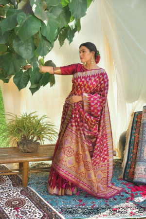 Magenta color tussar silk saree with zari weaving work