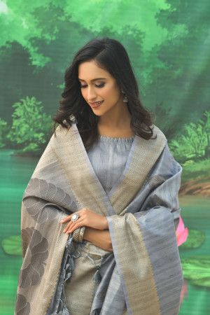 Gray color mulberry silk saree with zari woven work