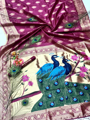 Magenta color soft banarasi silk saree with zari woven work