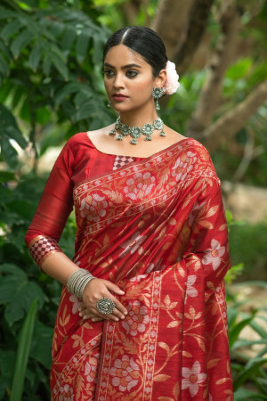 Red color tussar silk saree with zari woven border