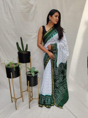 Green color soft bandhani  silk saree with khadi printed work